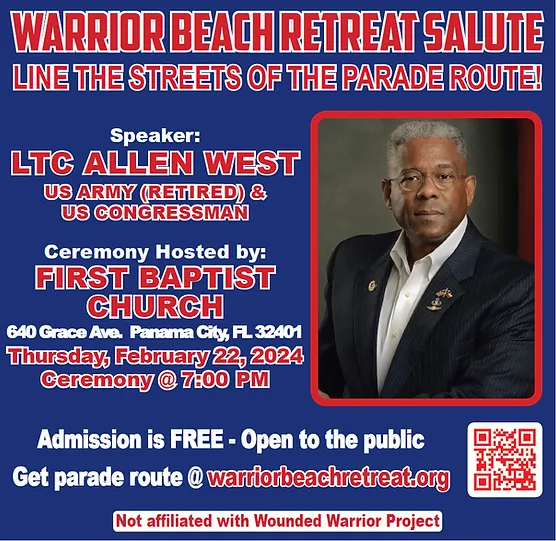 flyer for warrior beach parade with an picture of african american male as guest speaker