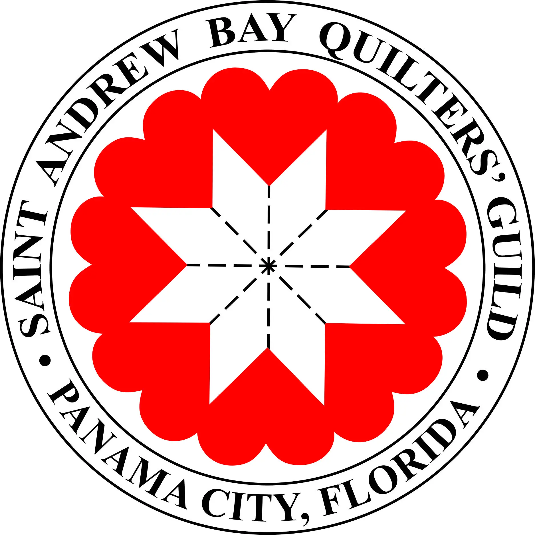 circular badge style logo with dark text encircling a red quilt blocks and white stitched star